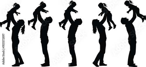 Set of father and daughter silhouettes playing together, loving family bonding moments, black vector illustration collection isolated on white background