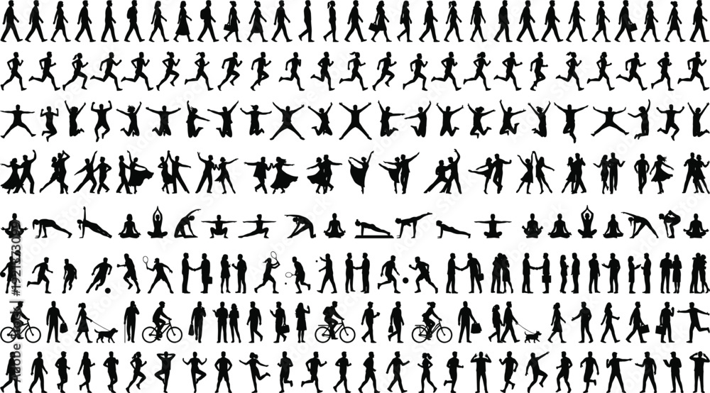 Naklejka premium People activity silhouettes set showing walking running dancing yoga sports cycling daily lifestyle movements isolated on white background vector illustration collection design