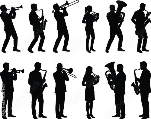 Musician silhouettes playing brass instruments isolated on white background, jazz band orchestra performance music concert entertainment culture concept illustration
