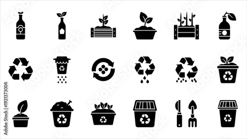 Collection of black and white icons representing recycling and waste management on a clean white background viewed from directly above