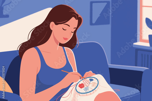 Person with long brown hair embroidering on hoop with red and blue threads, cozy cartoon illustration of living room with sunlight, plant, and framed pictures.