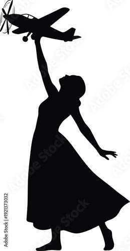 Silhouette of woman holding vintage airplane model, travel dream concept, joyful female with aircraft toy, black vector illustration isolated on white