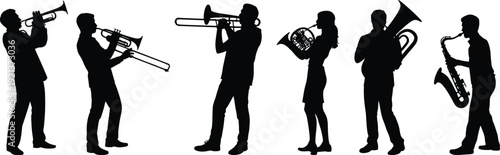 Musicians silhouettes playing brass and woodwind instruments jazz band orchestra performance isolated on white background music concert illustration set people vector design