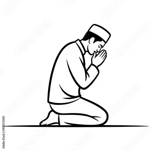 A man in prayer, kneeling and bowing his head in devotion
