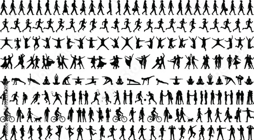 People activity silhouettes set showing walking running dancing yoga sports cycling daily lifestyle movements isolated on white background vector illustration collection design