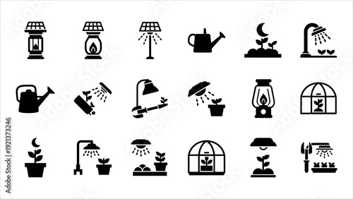 Gardening icons collection featuring various tools and greenhouses in a simple black and white design