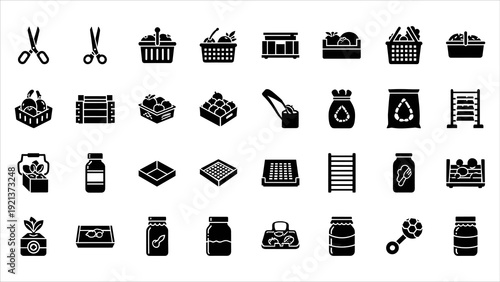Collection of black icons representing various office supplies and stationery items on a white background, viewed from directly above.