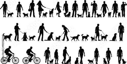 People silhouettes walking dogs and cycling isolated on white background, pet care lifestyle outdoor activity companionship daily routine illustration concept