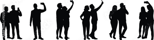 People silhouettes taking selfies together with smartphones isolated on white background, social media lifestyle communication technology friendship concept photography modern digital culture