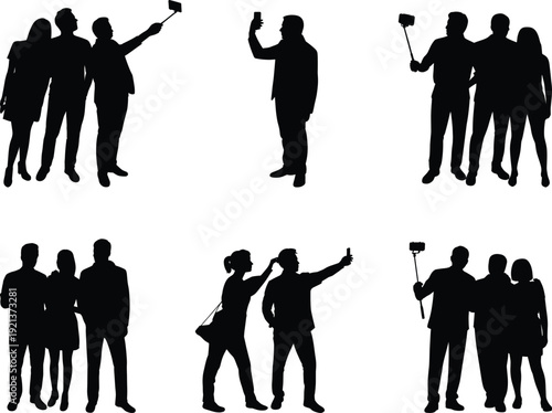 People silhouettes taking selfies with smartphones and selfie sticks isolated on white background, social media lifestyle technology communication group concept photography trends