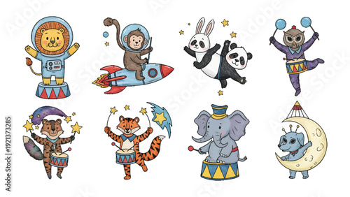 Whimsical Circus Animals: Adorable cartoon animals take center stage in a whimsical circus, showcasing a cast of playful characters, each with their own unique act and vibrant personality. 