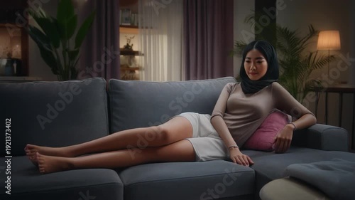 Woman Relaxing on Couch with 3D Scan Visualization