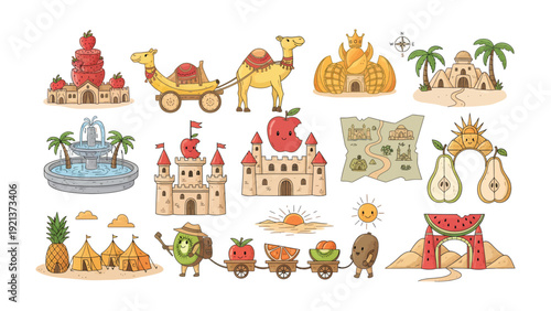 Fruit and Landmark Illustration Set: A delightful illustration showcases a set of cute landmarks and fruit characters with a whimsical and playful theme.
