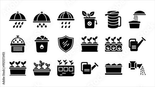 Collection of black icons representing gardening activities and plant care on a white background, showcasing various tools and elements, displayed in a grid layout.