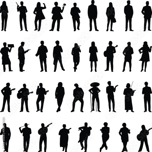 Professional people and musicians silhouettes set showing business characters and instrumental performers isolated on white background for creative commercial design use