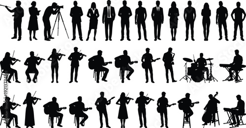 Professional people and musicians silhouettes collection showing business figures and instrumental performers isolated on white background for creative design and commercial projects