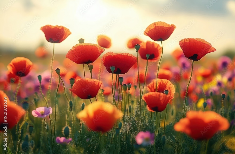 Fototapeta premium Sunlit meadow of red poppies with green stems and seed pods, scattered pink wildflowers glowing in warm golden light, evoking peaceful uplifting summer serenity