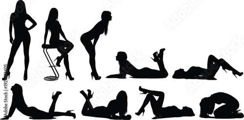 Sexy female silhouettes collection with elegant women posing sitting lying fashion glamour style isolated black vector illustration set for beauty design concept