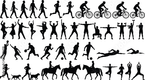 Sports activity silhouettes set showing walking running cycling fitness exercises yoga basketball horse riding isolated on white background people movement concept illustration