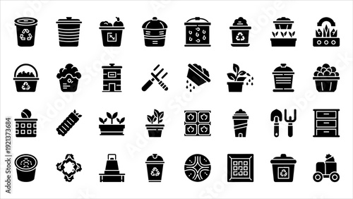 Collection of 30 black icons representing various kitchen utensils and containers in a grid layout on a white background.