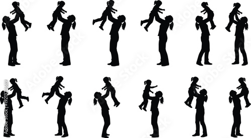 Collection of mother and daughter silhouettes playing together, loving family bonding moments, black vector illustration set isolated on white background
