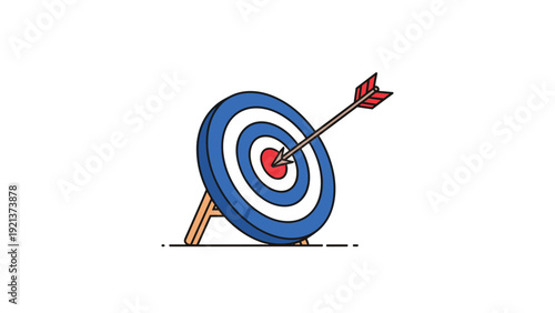 Archery target board with blue and white rings and a red center bullseye hit by a single arrow in a clean flat illustration style.