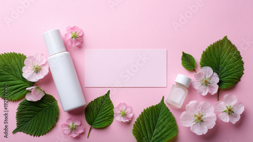 flat lay composition of white cosmetic products with green leaves and flowers on a pink background. top view, with copy space. concept for beauty industry design template.

