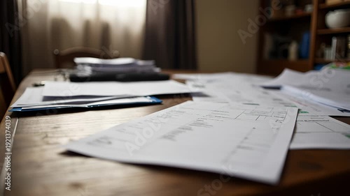 Messy Desk Setup with Papers and Documents in Soft Natural Light