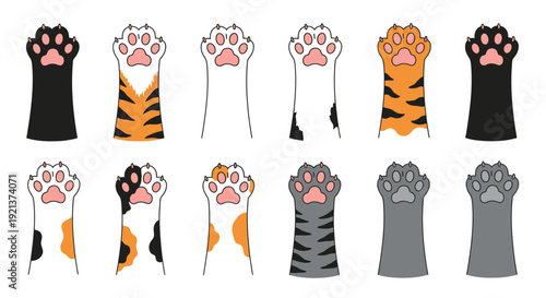 Diverse Collection of Adorable Cat Paws Vector Illustration, Cute Pet Graphics