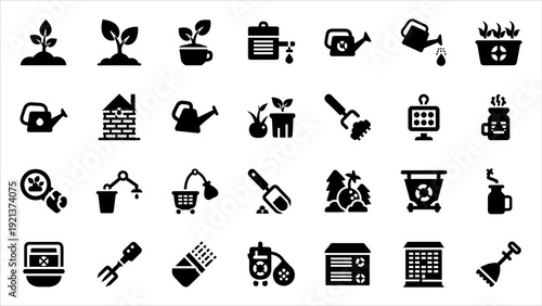 Collection of black icons representing gardening tools and activities on a white background, viewed from directly above.