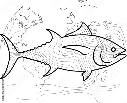 Tuna fish line art illustration with world map background and wave accents. World tuna day