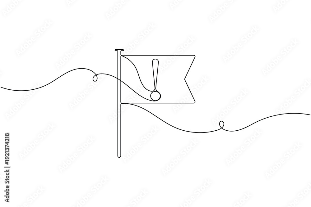 Obraz premium Warning flag sign icon continuous one line drawing on white background minimalist exclamation mark symbol outline vector illustration