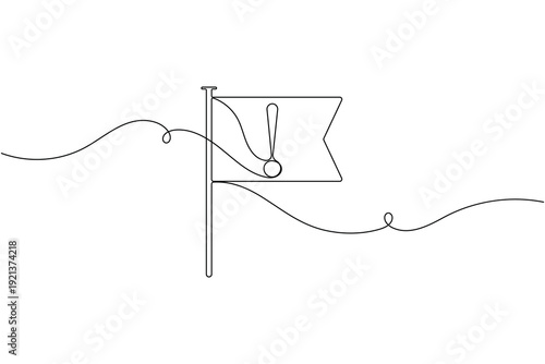 Warning flag sign icon continuous one line drawing on white background minimalist exclamation mark symbol outline vector illustration