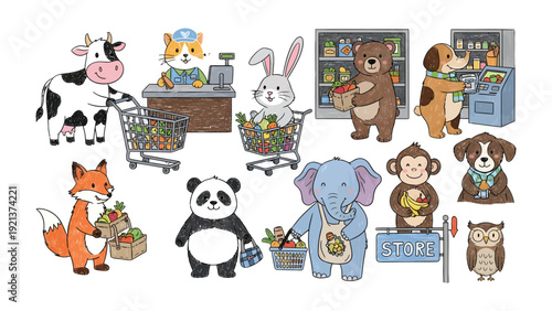 Animated Animal Market Scene: Delightful illustrated market scene featuring various animated animals. They are shopping, cashiering, and interacting in a charming, playful manner. 