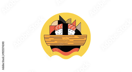 Abstract Mid-Century Modern Style Sushi Illustration in a Circular Yellow Frame