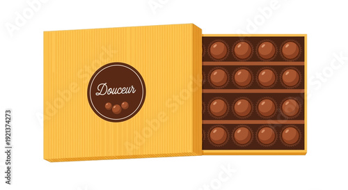 Open Yellow Box of Chocolates with "Douceur" Label, Isolated on White