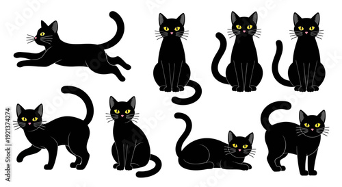 Collection of Diverse Black Cat Poses and Expressions in a Vector Illustration Set