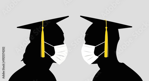Graduation Caps and Masks Symbolizing Education and Health Precautions During