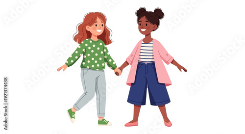 Two Young Girls Holding Hands Happily, Diverse Friendship, Celebrating Childhood and Connection