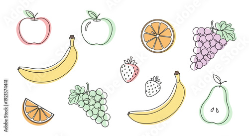 Fresh Fruits Assortment, Clean Art with Pastel Color Outline, Isolated on White