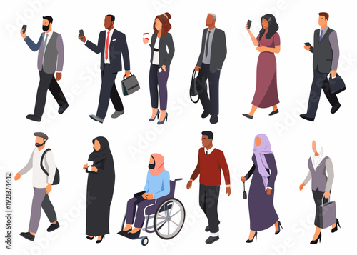 Diverse group of people walking including individuals with disabilities