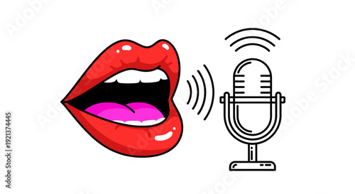 Open Red Lips Speaking into a Microphone with Sound Waves, Illustration