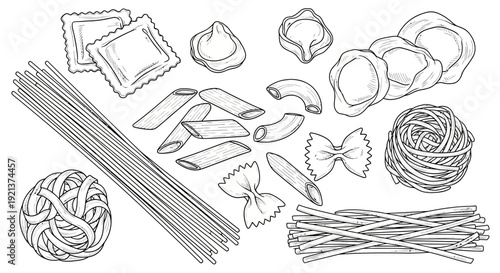 Variety of Uncooked Pasta Shapes Hand-Drawn Art on White Background