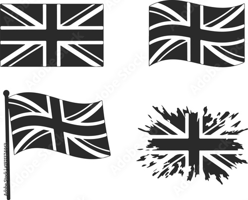 Set of four black and white union jack flag icons in different styles