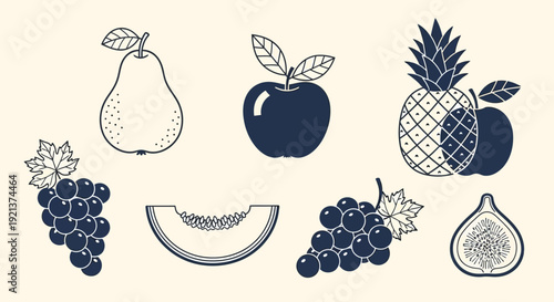 Set of Stylized Fruits: Pear,, Pineapple, Grapes, Melon, and Fig Icons