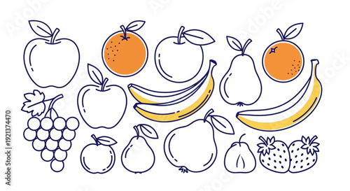 Whimsical Fruit Collection: Apples, Oranges, Bananas, Grapes, Pears, and Strawberries