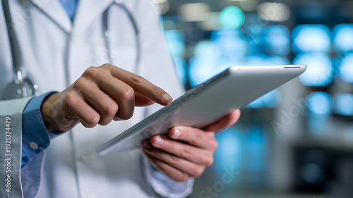 A doctor in a white lab coat uses a digital tablet in a modern medical facility
