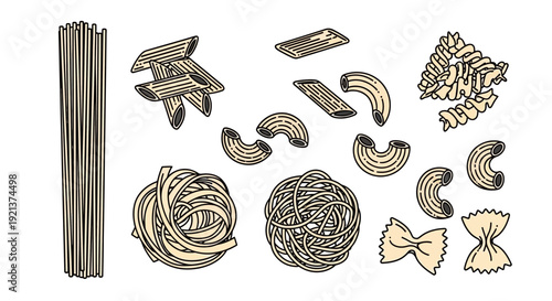 Assortment of Dry Pasta Shapes and Noodles, Vector Illustration on White Background
