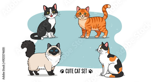 Cute Cartoon Cat Set: Diverse Breeds in Playful Poses on Blue Background