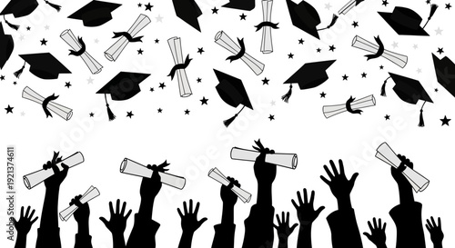 Graduation Caps and Diplomas Celebrated by Raised Hands, Representing Achievement